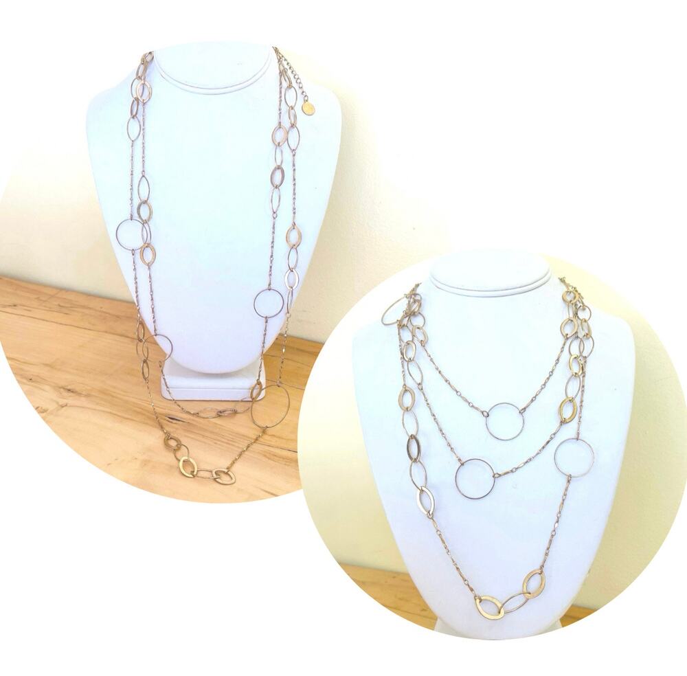 Vtg 80s Gold Tone Long Layered Geometric Statement Chain Necklace Link Chain